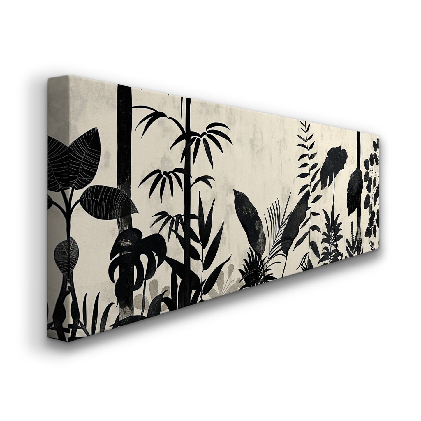 Jungle Scenery Long Horizontal Wall Art For Living Room, Panoramic Black and White Canvas Print, Botanical Decor Canvas Art
