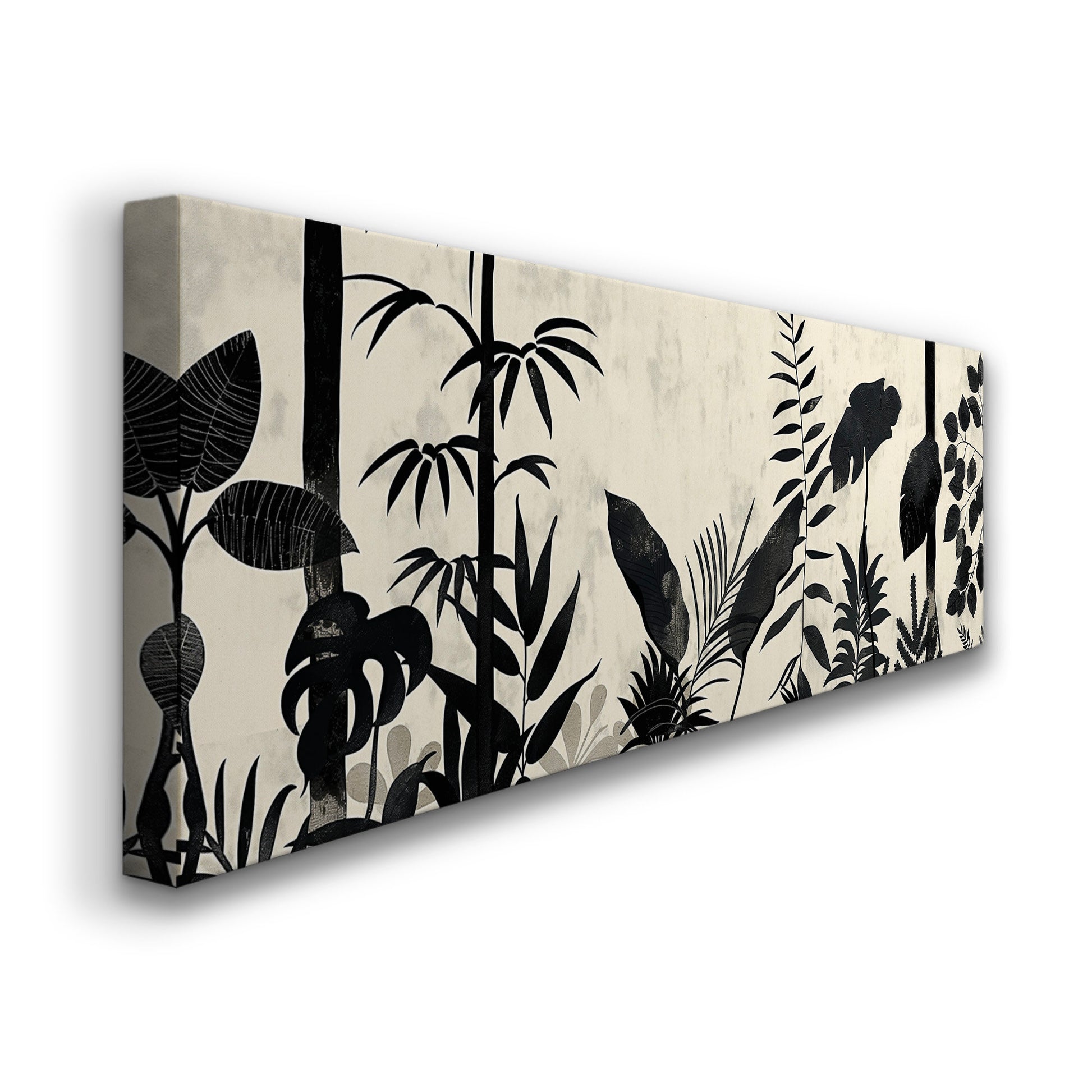 Jungle Scenery Long Horizontal Wall Art For Living Room, Panoramic Black and White Canvas Print, Botanical Decor Canvas Art