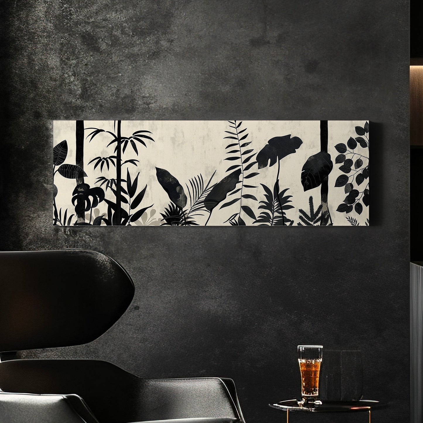 Jungle Scenery Long Horizontal Wall Art For Living Room, Panoramic Black and White Canvas Print, Botanical Decor Canvas Art