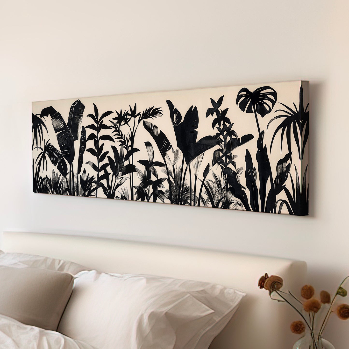 Jungle Plants Long Horizontal Wall Art For Bedroom, Panoramic Black and White Canvas Print, Botanical Decor Canvas Art