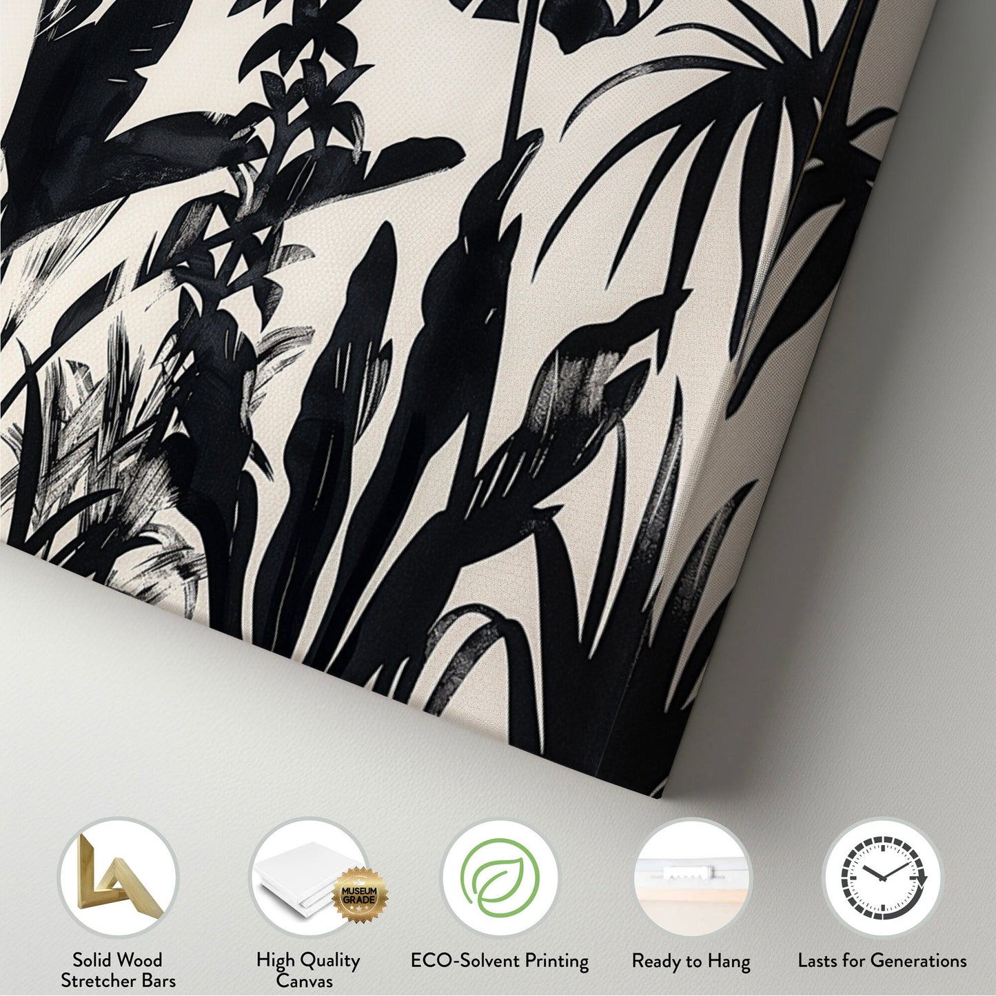 Jungle Plants Long Horizontal Wall Art For Bedroom, Panoramic Black and White Canvas Print, Botanical Decor Canvas Art