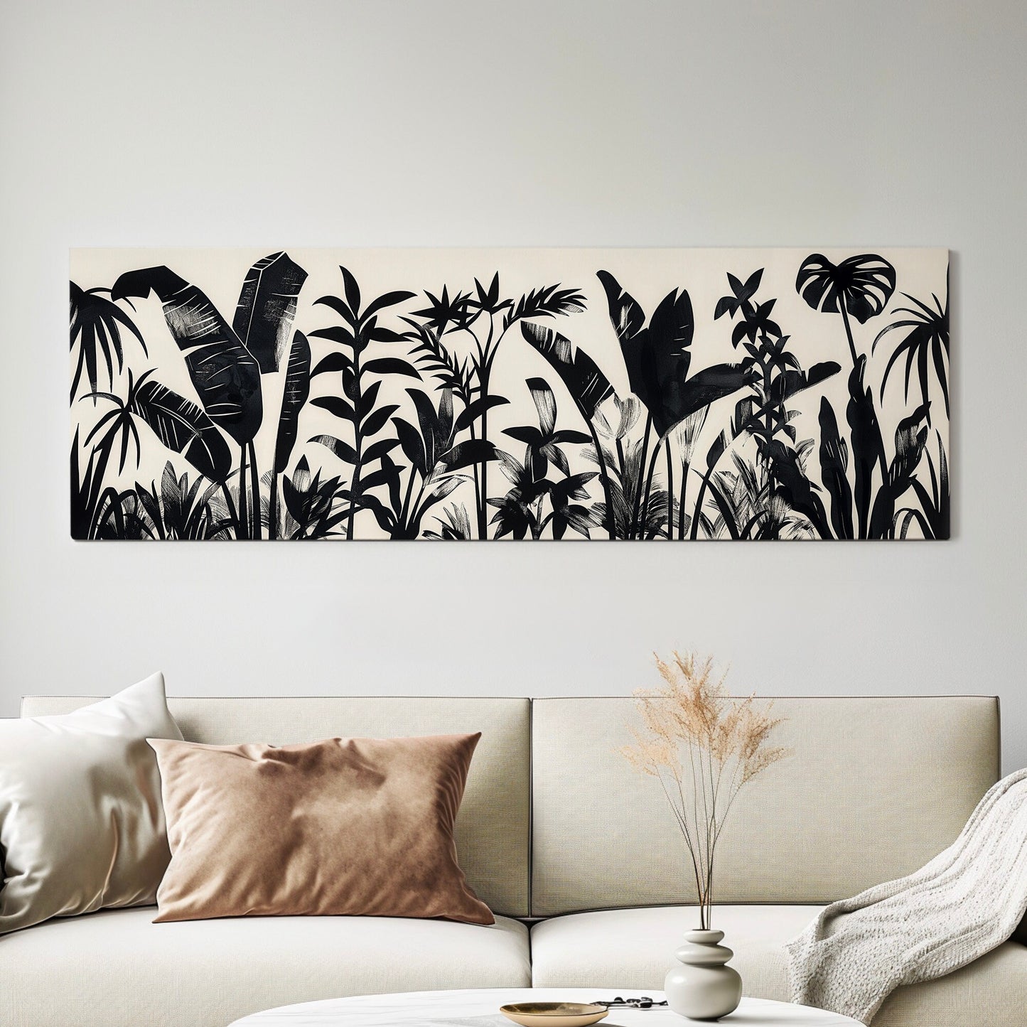 Jungle Plants Long Horizontal Wall Art For Bedroom, Panoramic Black and White Canvas Print, Botanical Decor Canvas Art