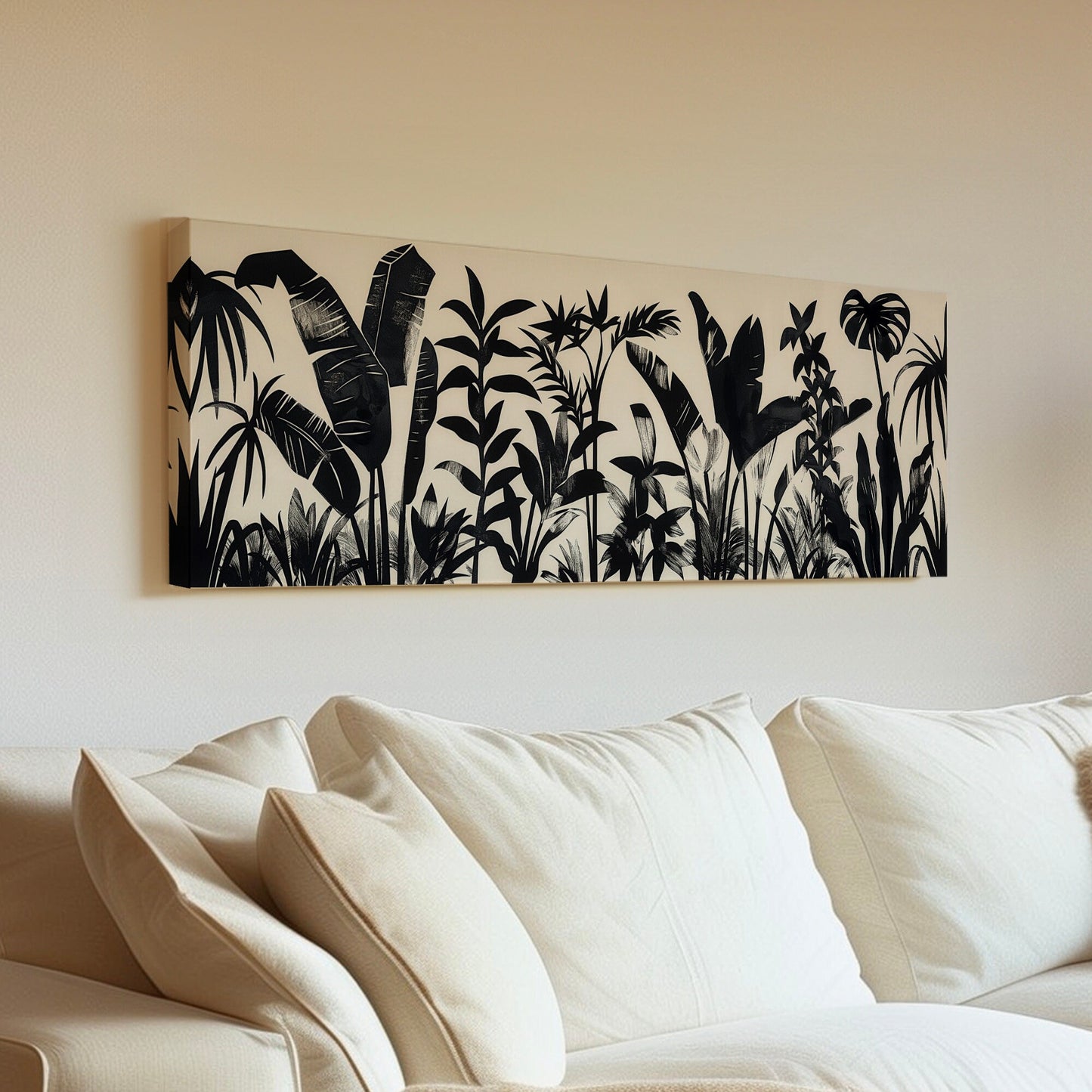 Jungle Plants Long Horizontal Wall Art For Bedroom, Panoramic Black and White Canvas Print, Botanical Decor Canvas Art