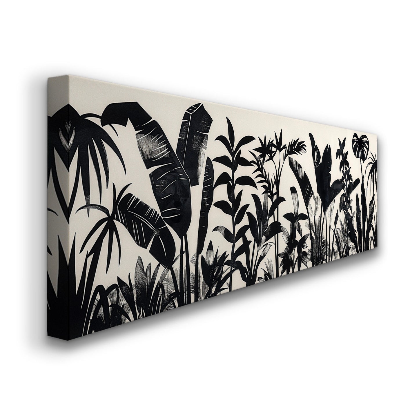 Jungle Plants Long Horizontal Wall Art For Bedroom, Panoramic Black and White Canvas Print, Botanical Decor Canvas Art