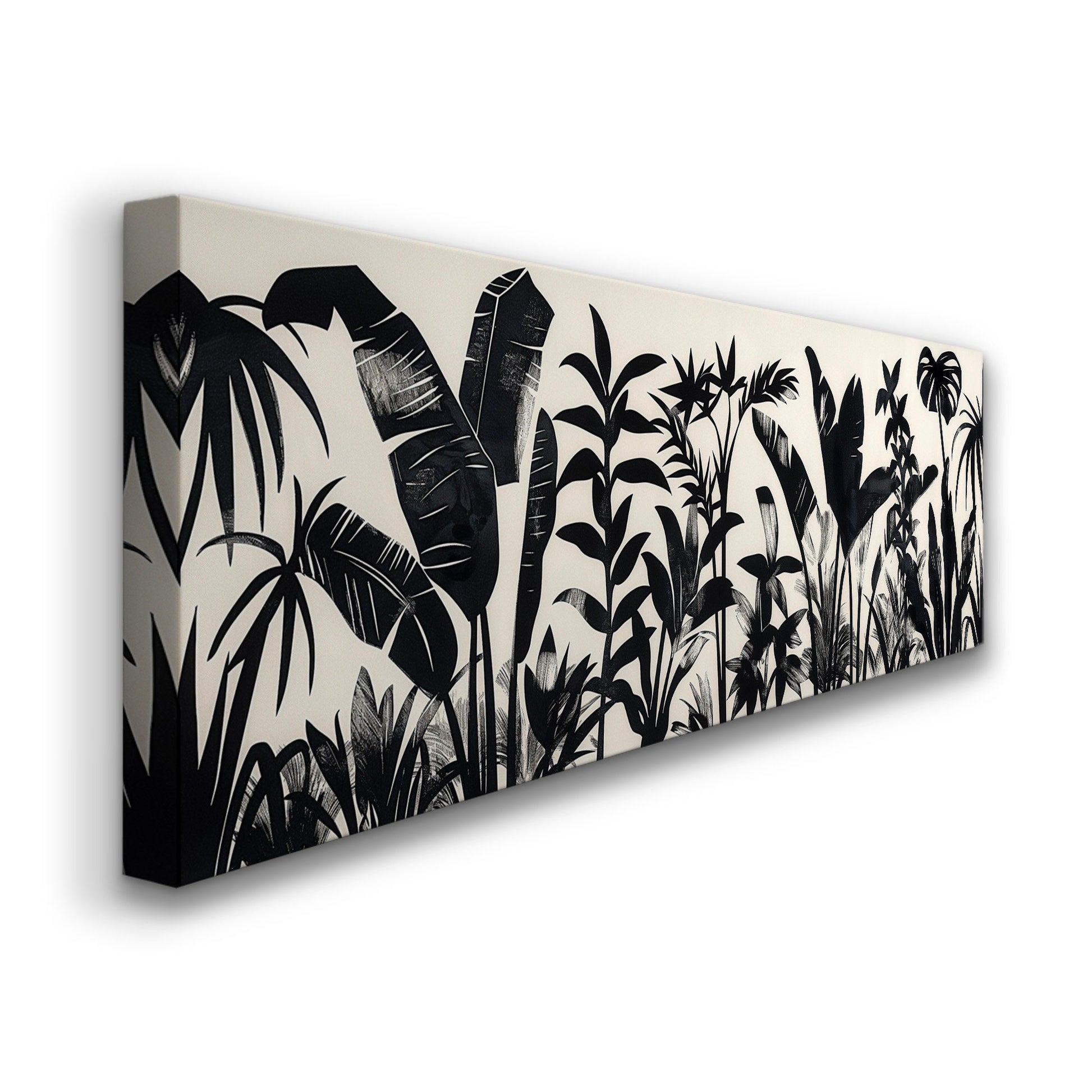 Jungle Plants Long Horizontal Wall Art For Bedroom, Panoramic Black and White Canvas Print, Botanical Decor Canvas Art