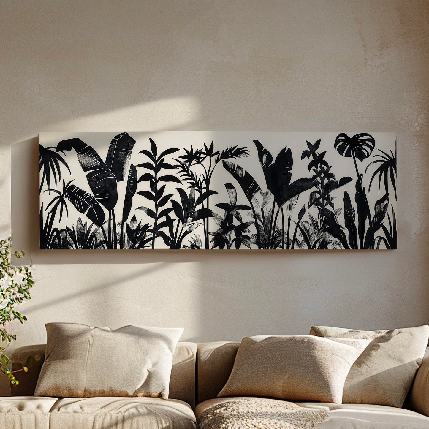 Jungle Plants Long Horizontal Wall Art For Bedroom, Panoramic Black and White Canvas Print, Botanical Decor Canvas Art