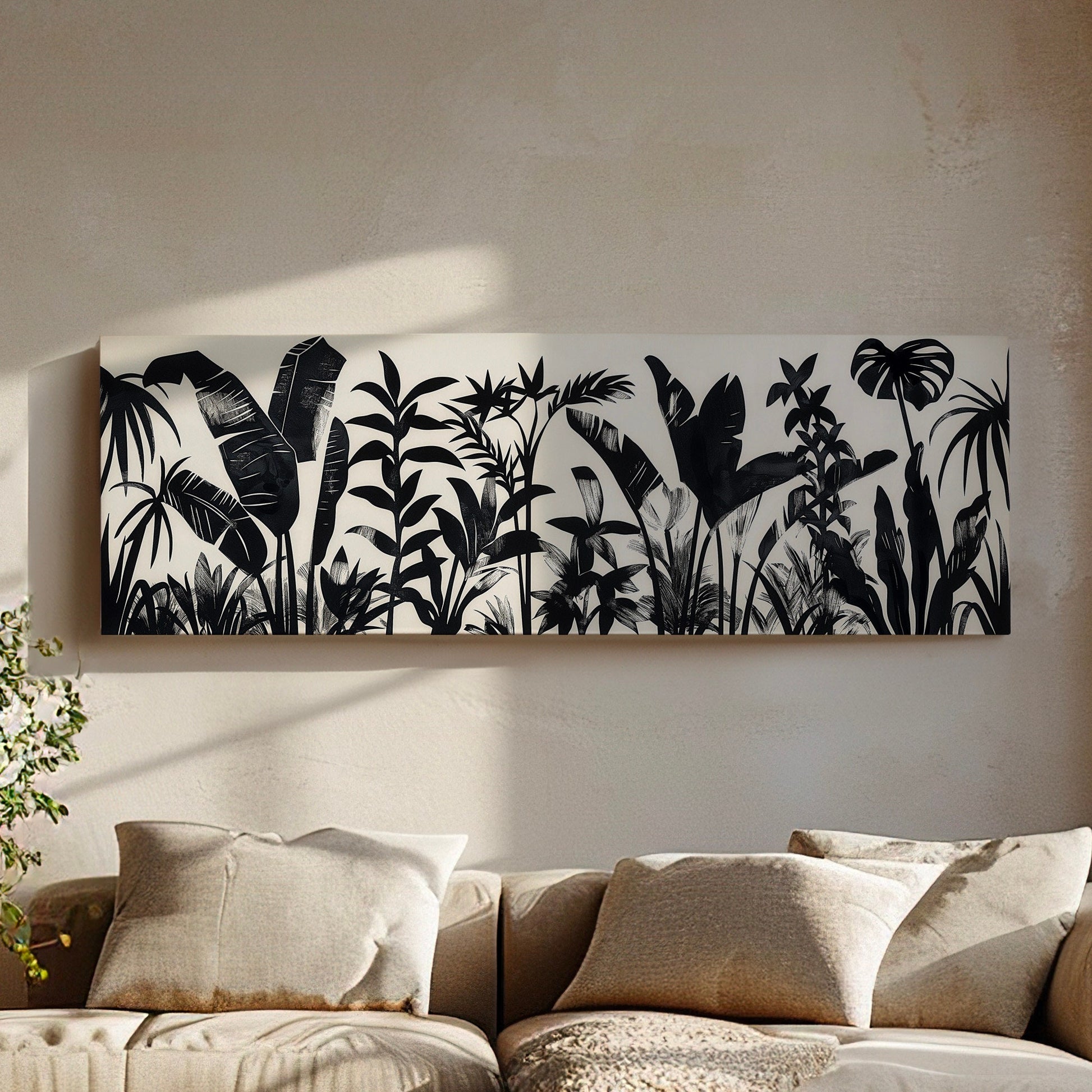 Jungle Plants Long Horizontal Wall Art For Bedroom, Panoramic Black and White Canvas Print, Botanical Decor Canvas Art