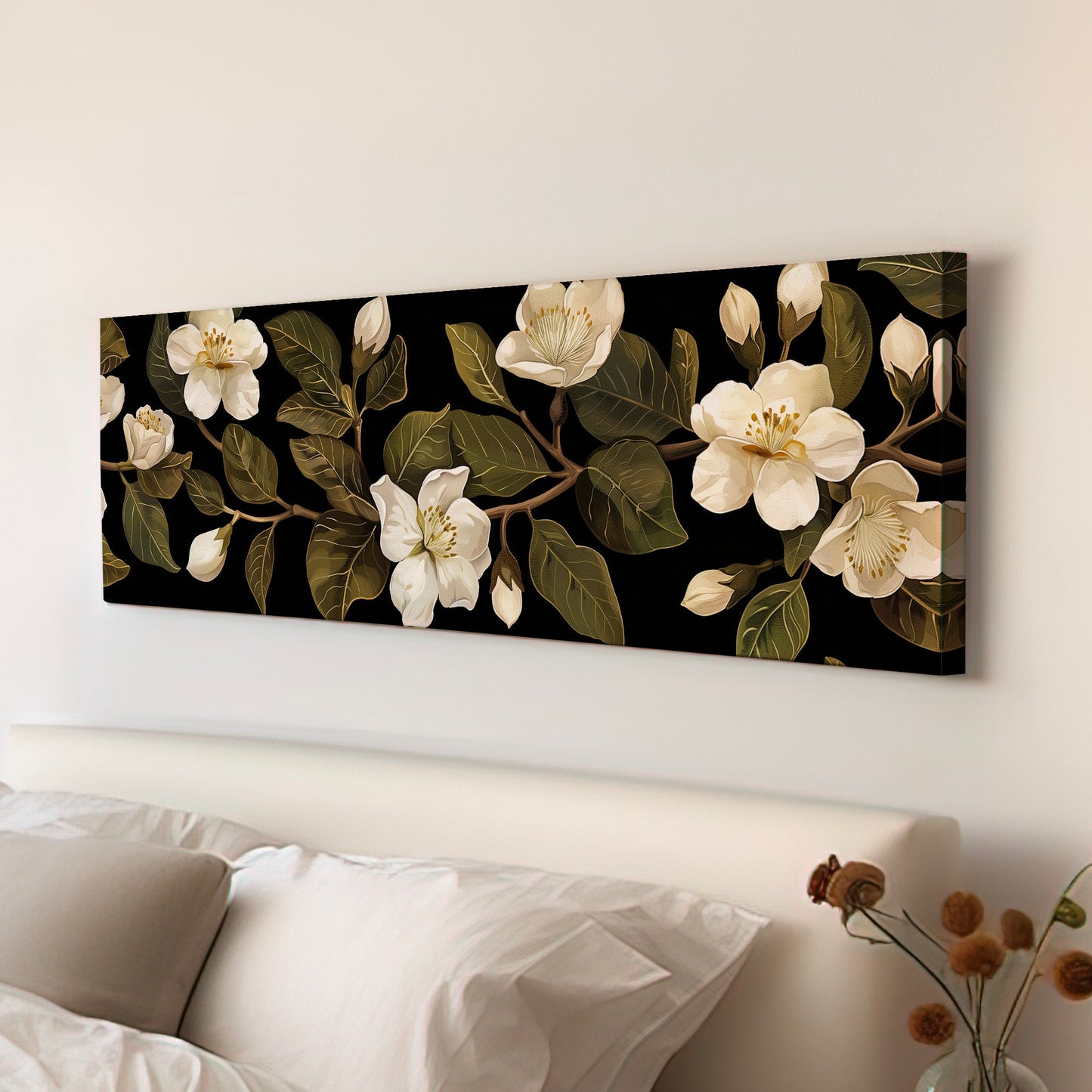 Jasmine Floral Long Horizontal Wall Art For Living Room, Panoramic Beautiful Flower Canvas Print, Botanical Decor Canvas Art