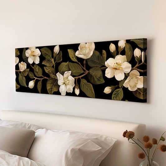 Jasmine Floral Long Horizontal Wall Art For Living Room, Panoramic Beautiful Flower Canvas Print, Botanical Decor Canvas Art