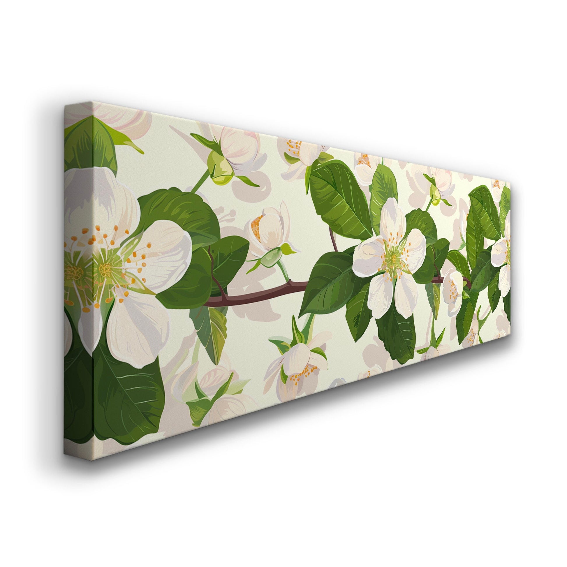 Jasmine Branch Long Horizontal Wall Art Above bed, Panoramic Botanical Artwork Canvas Print, Peaceful Decor Canvas Art