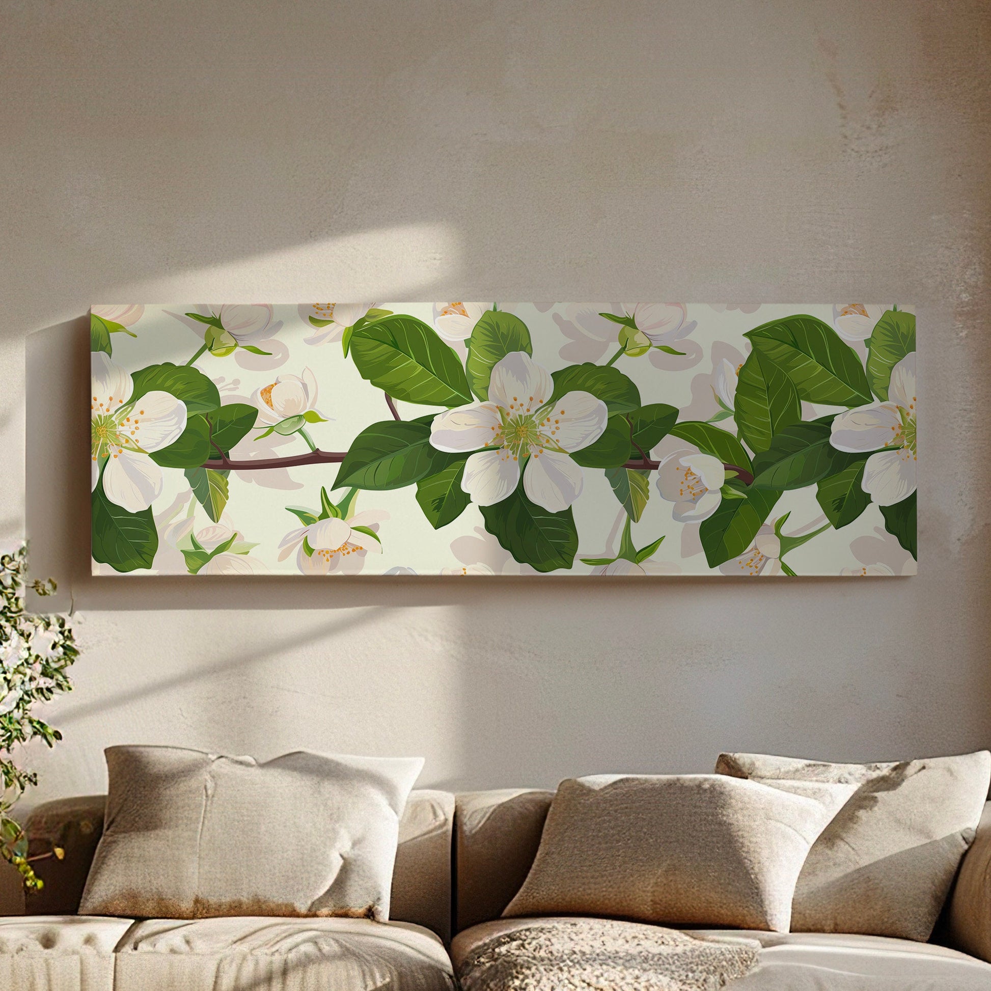 Jasmine Branch Long Horizontal Wall Art Above bed, Panoramic Botanical Artwork Canvas Print, Peaceful Decor Canvas Art