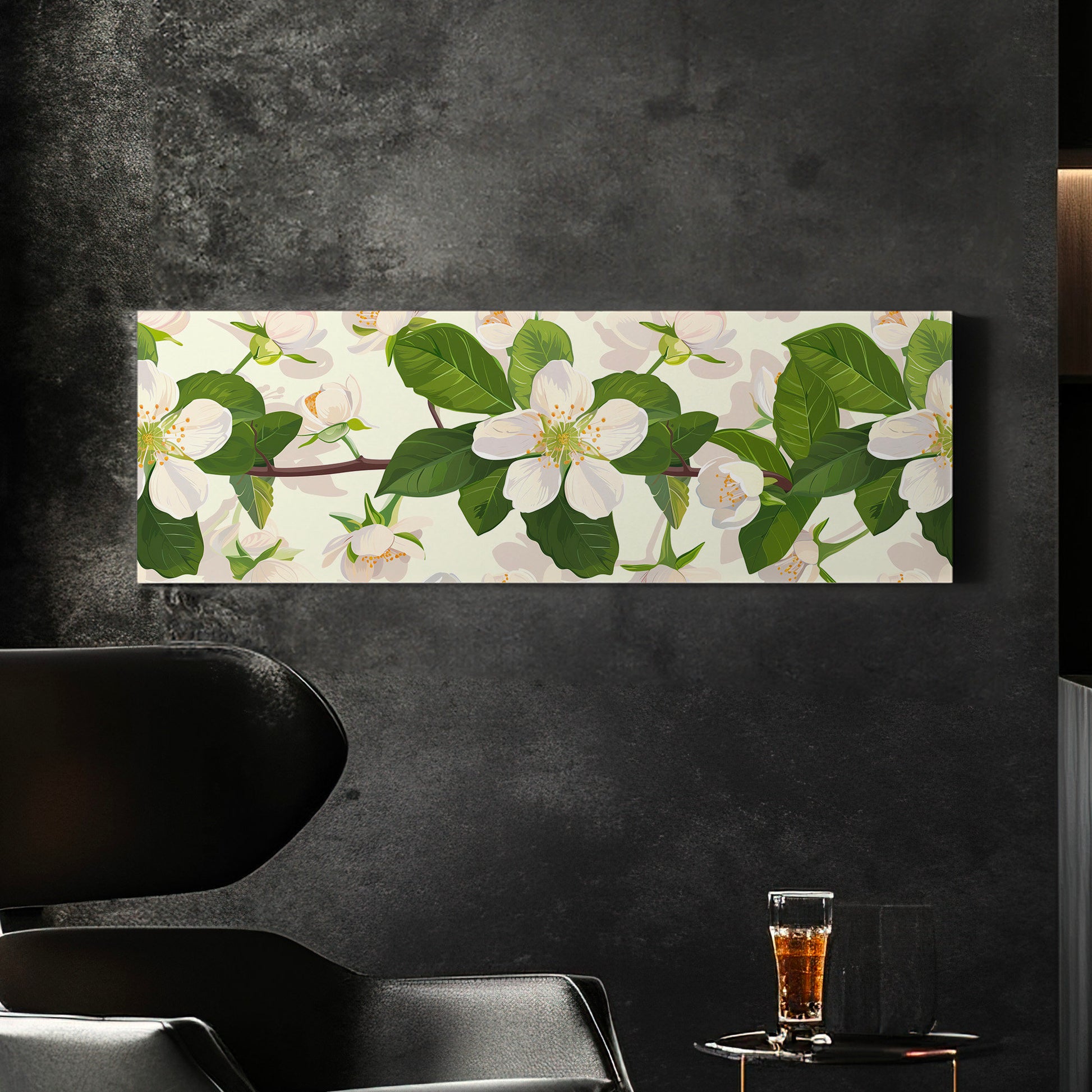 Jasmine Branch Long Horizontal Wall Art Above bed, Panoramic Botanical Artwork Canvas Print, Peaceful Decor Canvas Art