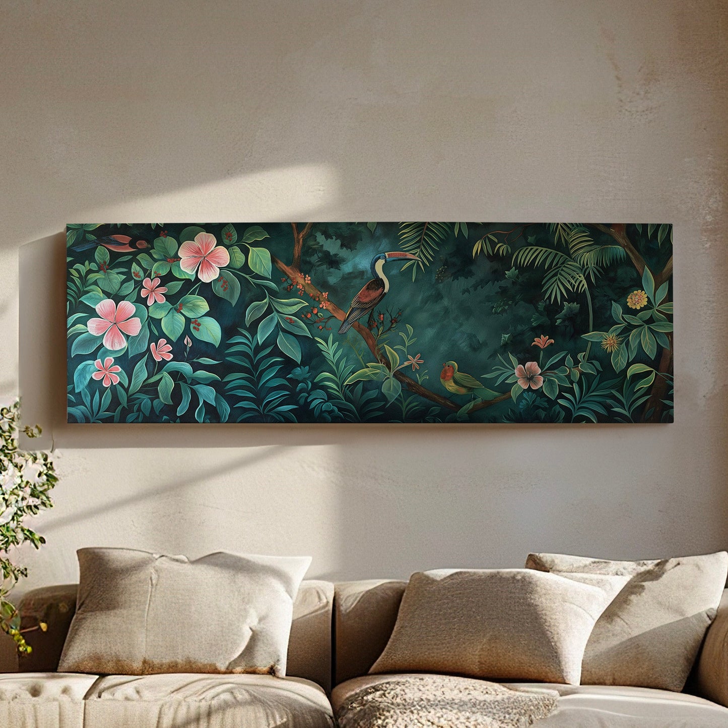 Jungle Birds Canvas Print: Long Horizontal Vintage Oil Painting
