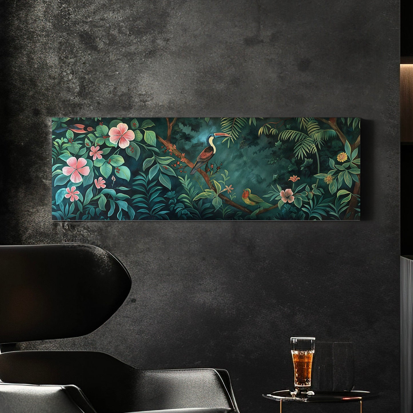 Jungle Birds Canvas Print: Long Horizontal Vintage Oil Painting