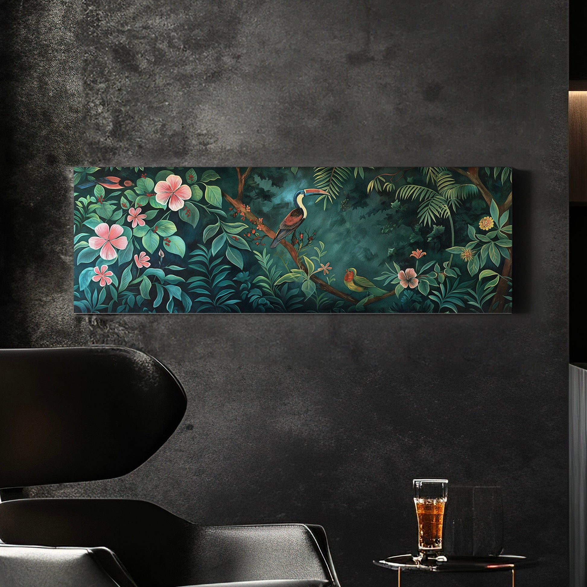 Jungle Birds Canvas Print: Long Horizontal Vintage Oil Painting