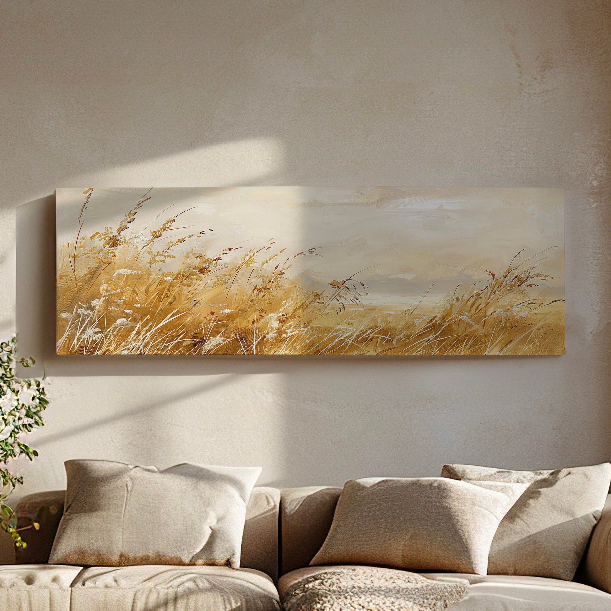 Golden Wildflower Field Long Horizontal Wall Art For Living Room, Panoramic Beautiful Scene Canvas Print, Farmhouse Decor Canvas Art