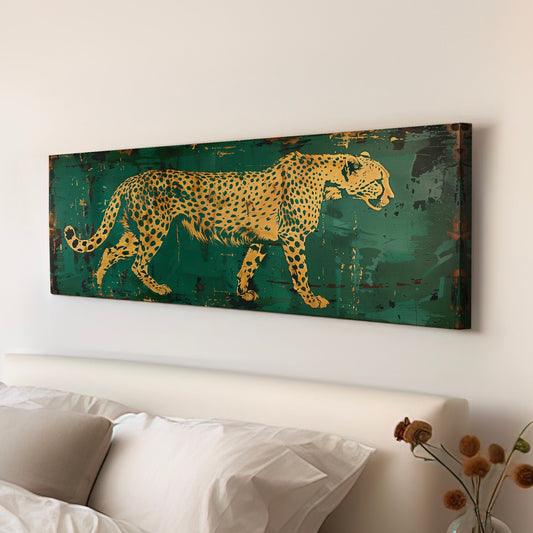 Golden Cheetah Sage Green Vintage Long Horizontal Wall Art For Bedroom, Panoramic Green And Gold Canvas Print, Minimalist Decor Canvas Art