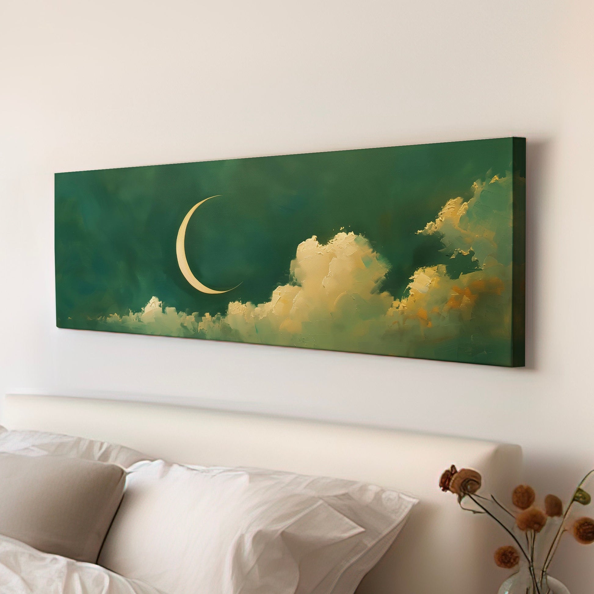 Crescent Moon Long Horizontal Wall Art Above Bed, Panoramic Lunar Green Canvas Print, Moody Cloud Decor Canvas Art
