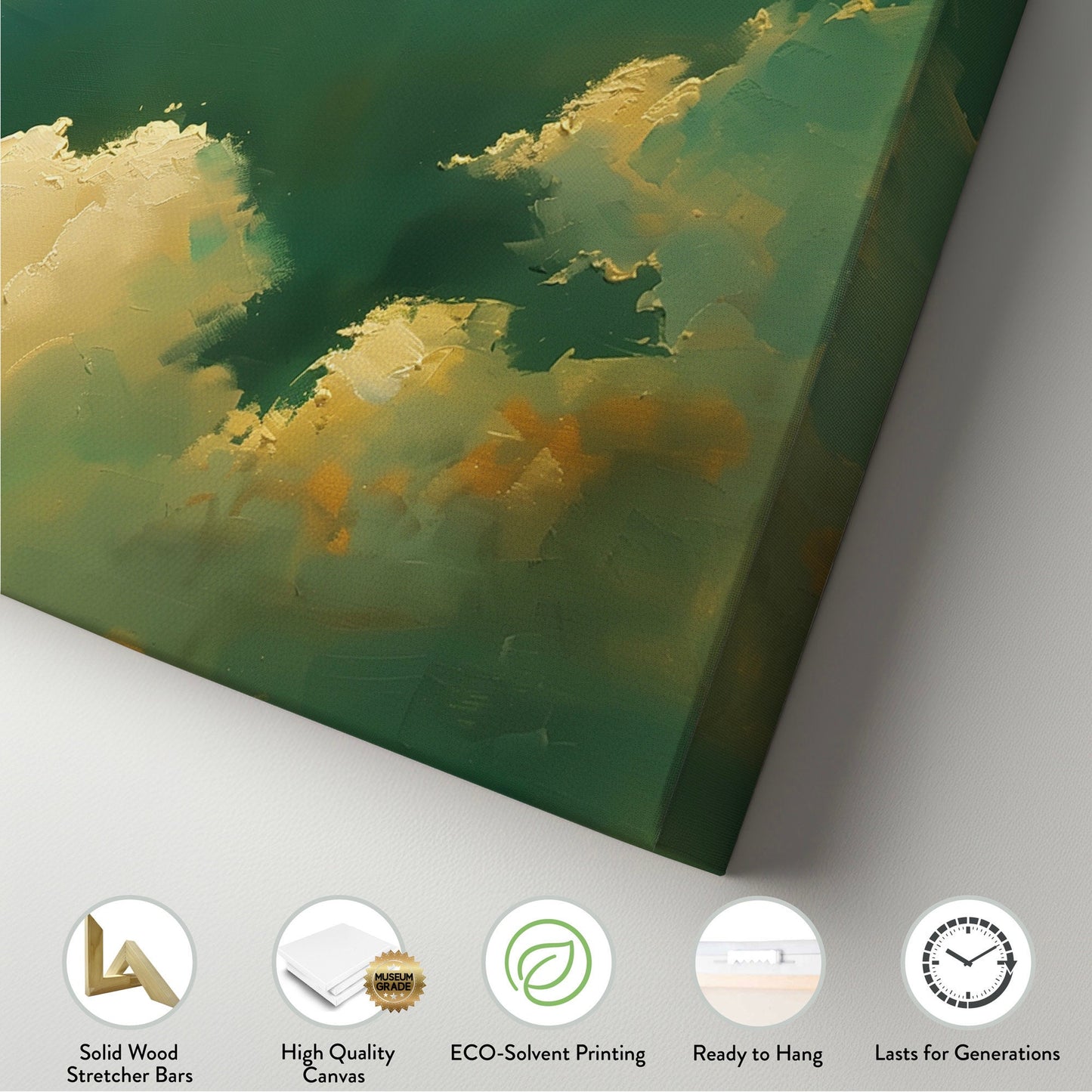 Crescent Moon Long Horizontal Wall Art Above Bed, Panoramic Lunar Green Canvas Print, Moody Cloud Decor Canvas Art