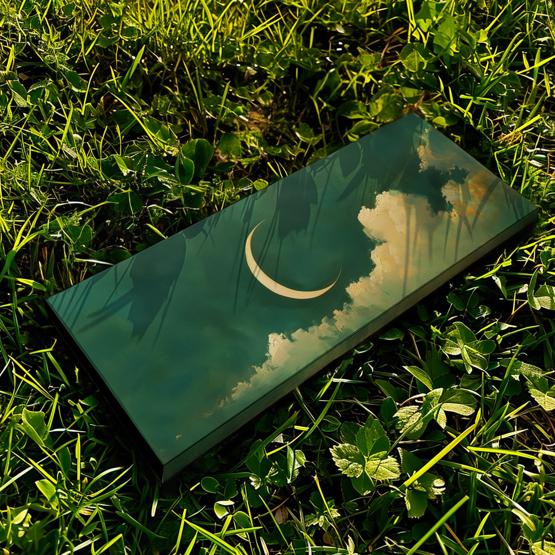 Crescent Moon Long Horizontal Wall Art Above Bed, Panoramic Lunar Green Canvas Print, Moody Cloud Decor Canvas Art