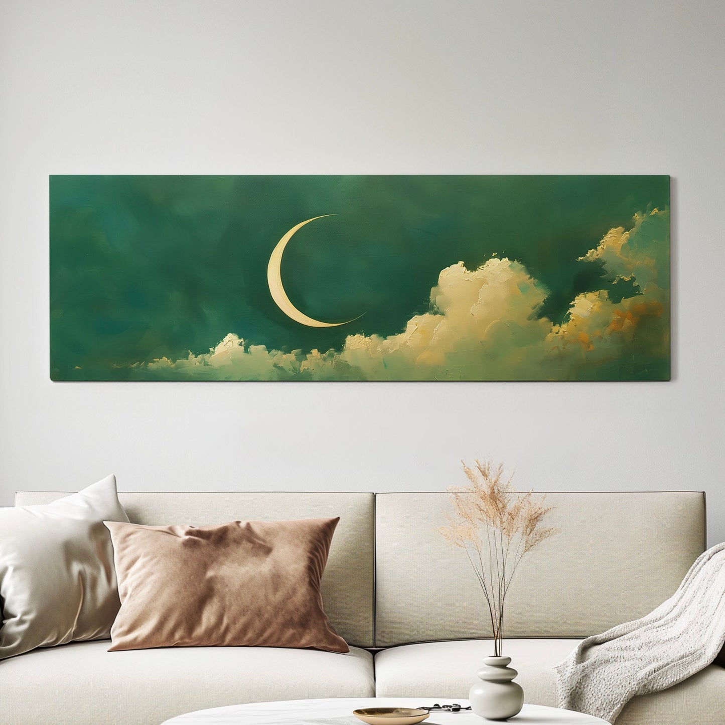 Crescent Moon Long Horizontal Wall Art Above Bed, Panoramic Lunar Green Canvas Print, Moody Cloud Decor Canvas Art