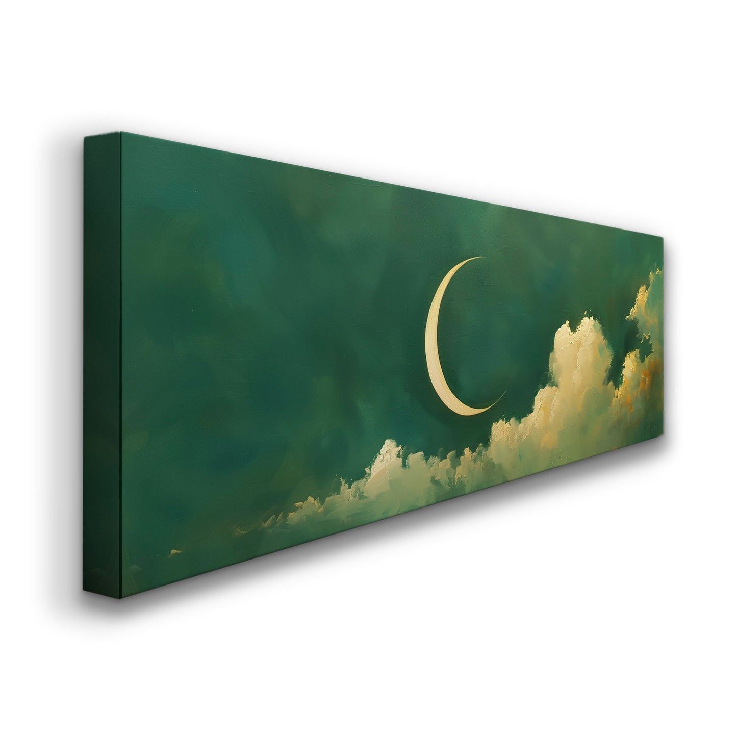 Crescent Moon Long Horizontal Wall Art Above Bed, Panoramic Lunar Green Canvas Print, Moody Cloud Decor Canvas Art