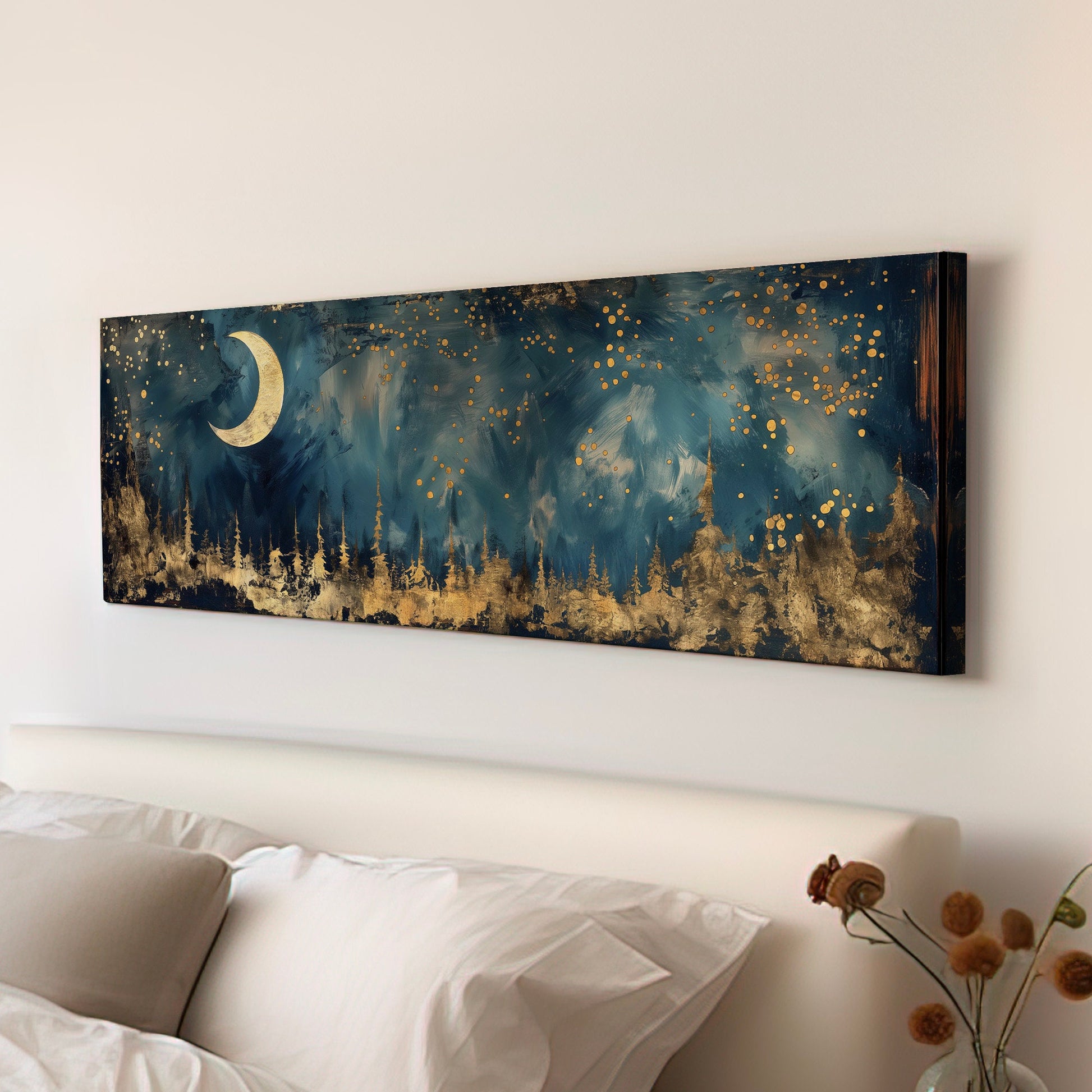 Crescent Moon Long Horizontal Wall Art Above Bed, Panoramic Gold And Blue Canvas Print, Mystic Forest Decor Canvas Art