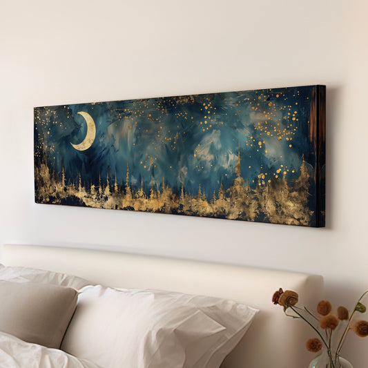 Crescent Moon Long Horizontal Wall Art Above Bed, Panoramic Gold And Blue Canvas Print, Mystic Forest Decor Canvas Art