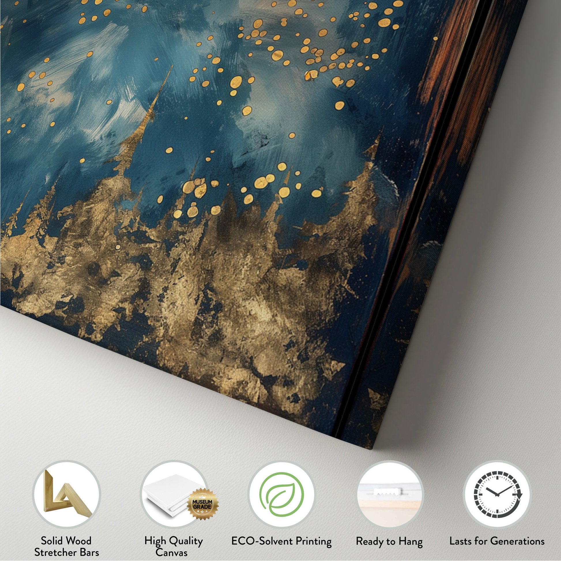 Crescent Moon Long Horizontal Wall Art Above Bed, Panoramic Gold And Blue Canvas Print, Mystic Forest Decor Canvas Art