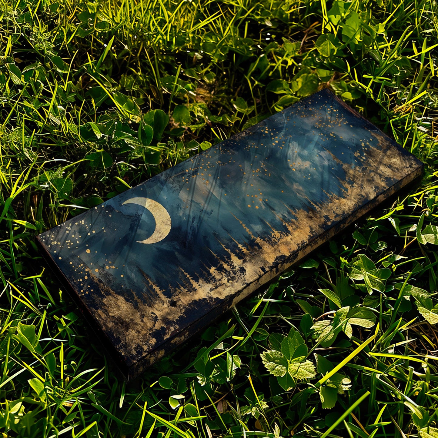 Crescent Moon Long Horizontal Wall Art Above Bed, Panoramic Gold And Blue Canvas Print, Mystic Forest Decor Canvas Art