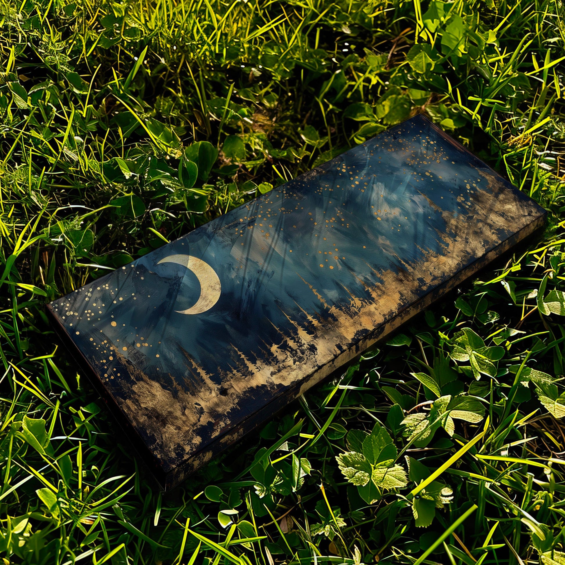 Crescent Moon Long Horizontal Wall Art Above Bed, Panoramic Gold And Blue Canvas Print, Mystic Forest Decor Canvas Art