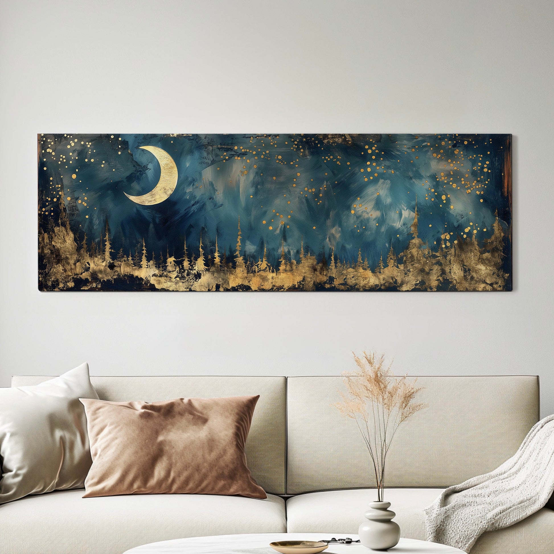 Crescent Moon Long Horizontal Wall Art Above Bed, Panoramic Gold And Blue Canvas Print, Mystic Forest Decor Canvas Art