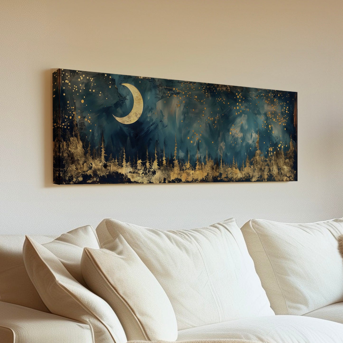 Crescent Moon Long Horizontal Wall Art Above Bed, Panoramic Gold And Blue Canvas Print, Mystic Forest Decor Canvas Art