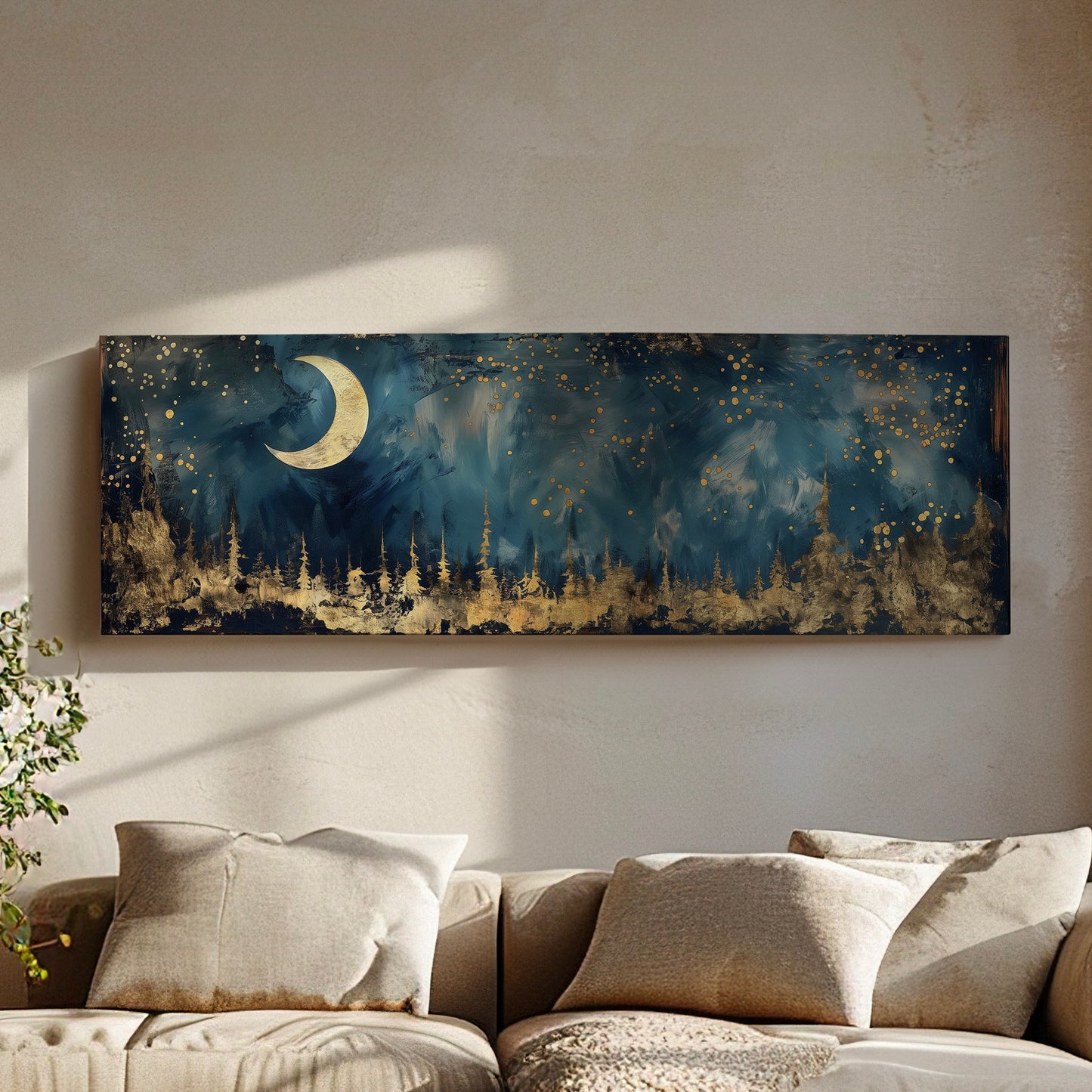 Crescent Moon Long Horizontal Wall Art Above Bed, Panoramic Gold And Blue Canvas Print, Mystic Forest Decor Canvas Art