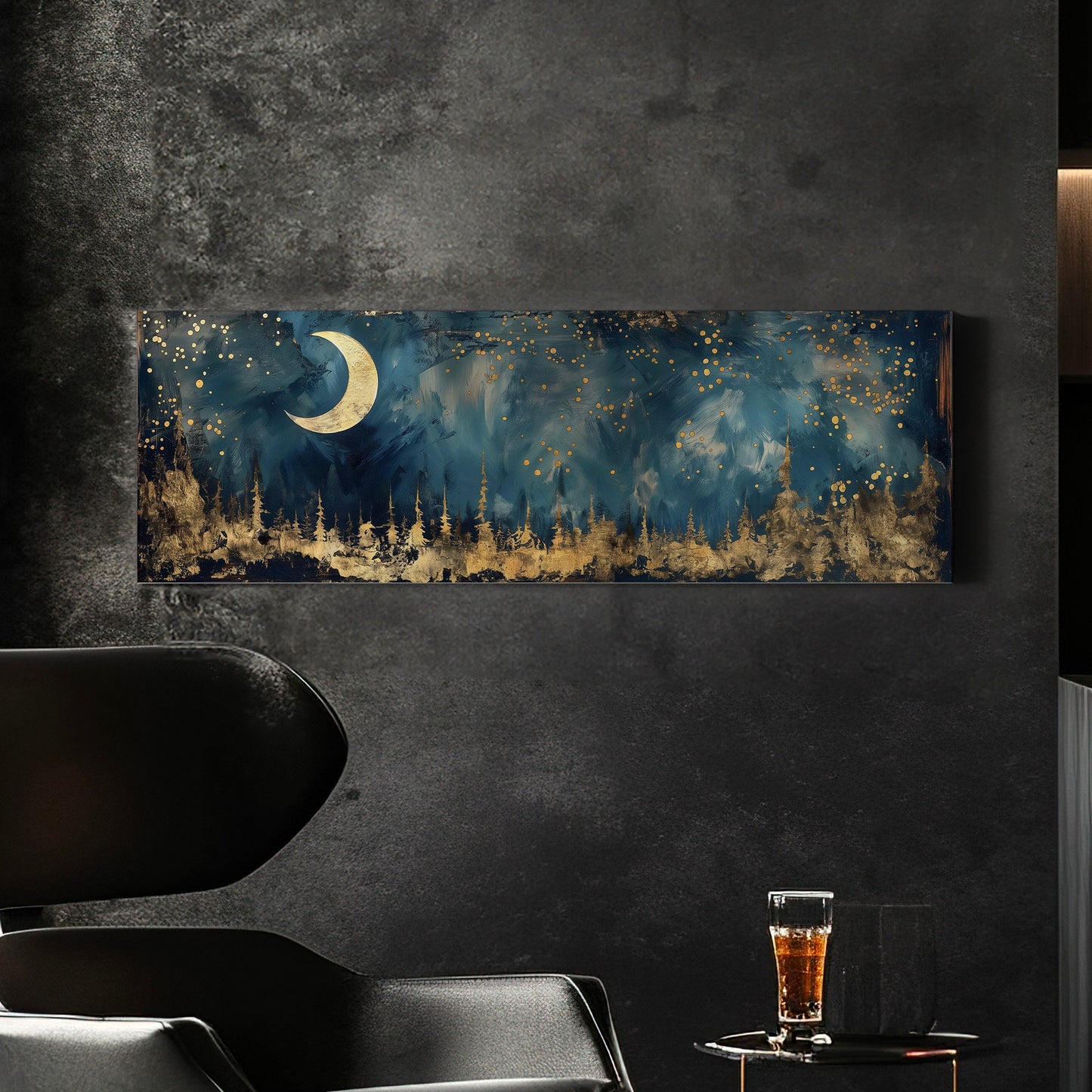 Crescent Moon Long Horizontal Wall Art Above Bed, Panoramic Gold And Blue Canvas Print, Mystic Forest Decor Canvas Art