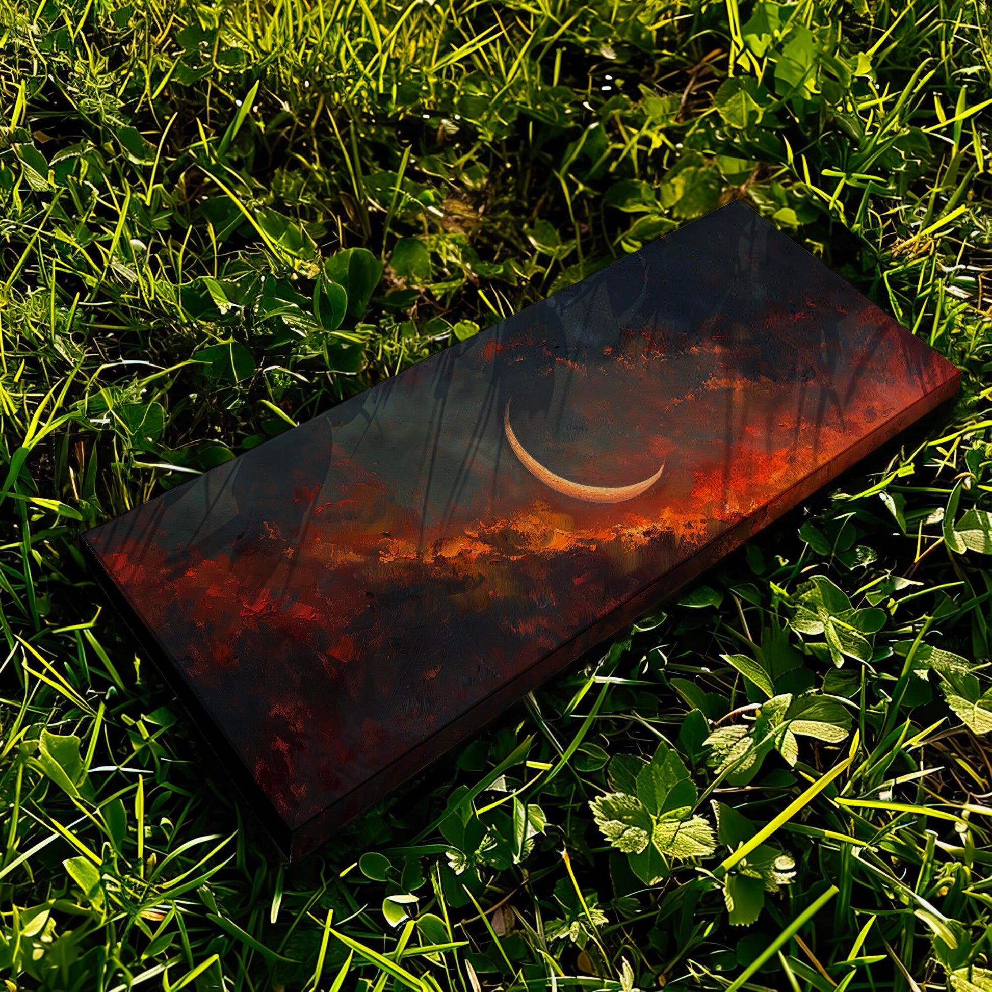 Crescent Moon Long Horizontal Wall Art Above Bed, Panoramic Fire Red Sky Canvas Print, Moody Cloud Decor Canvas Art