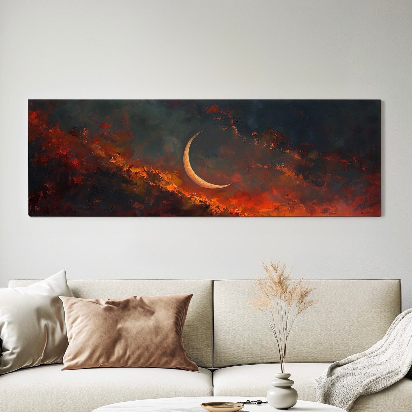 Crescent Moon Long Horizontal Wall Art Above Bed, Panoramic Fire Red Sky Canvas Print, Moody Cloud Decor Canvas Art