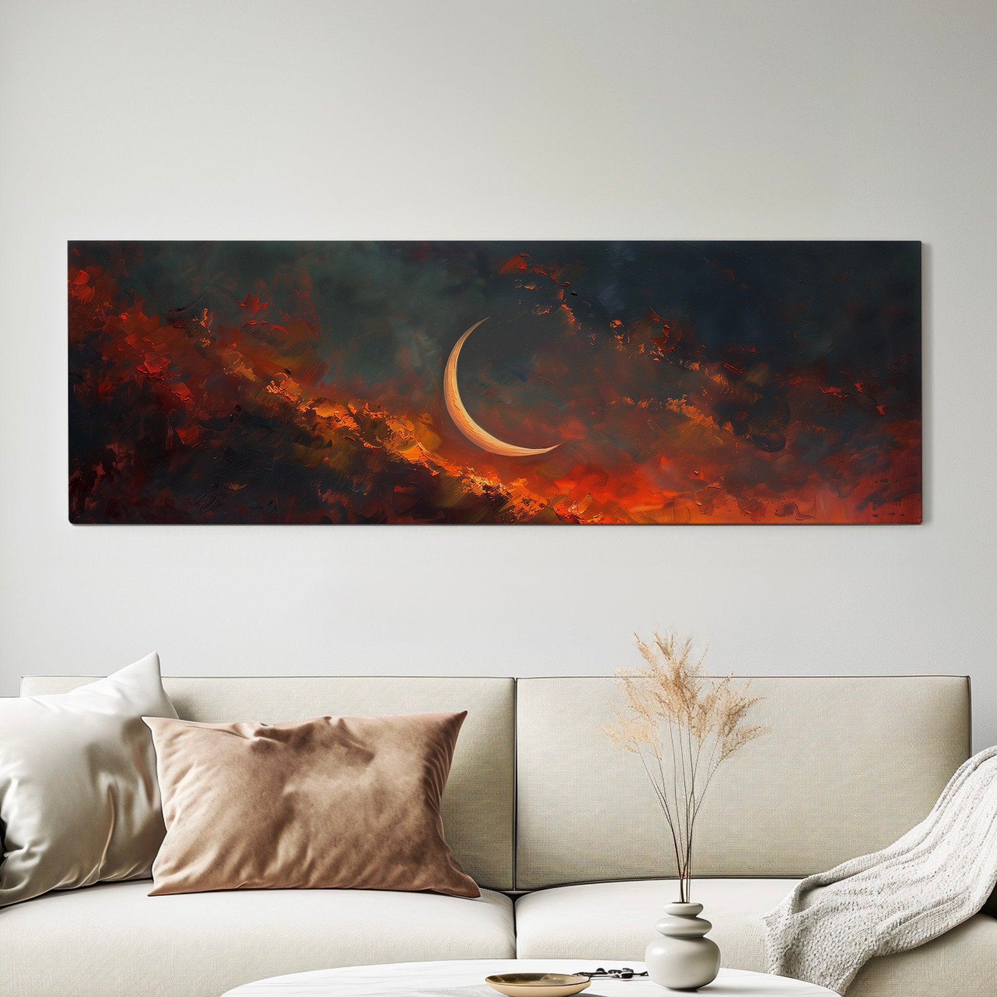 Crescent Moon Long Horizontal Wall Art Above Bed, Panoramic Fire Red Sky Canvas Print, Moody Cloud Decor Canvas Art