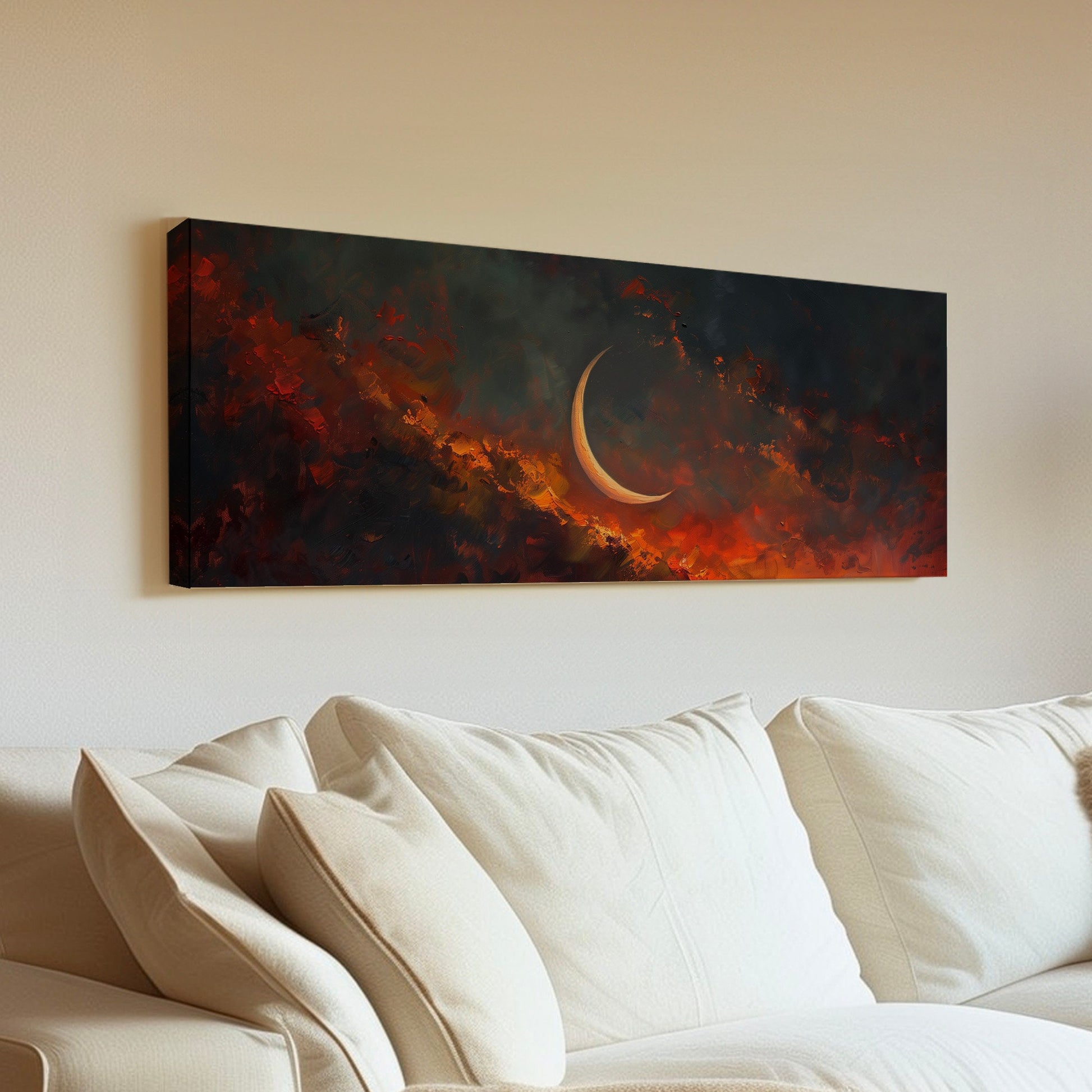 Crescent Moon Long Horizontal Wall Art Above Bed, Panoramic Fire Red Sky Canvas Print, Moody Cloud Decor Canvas Art
