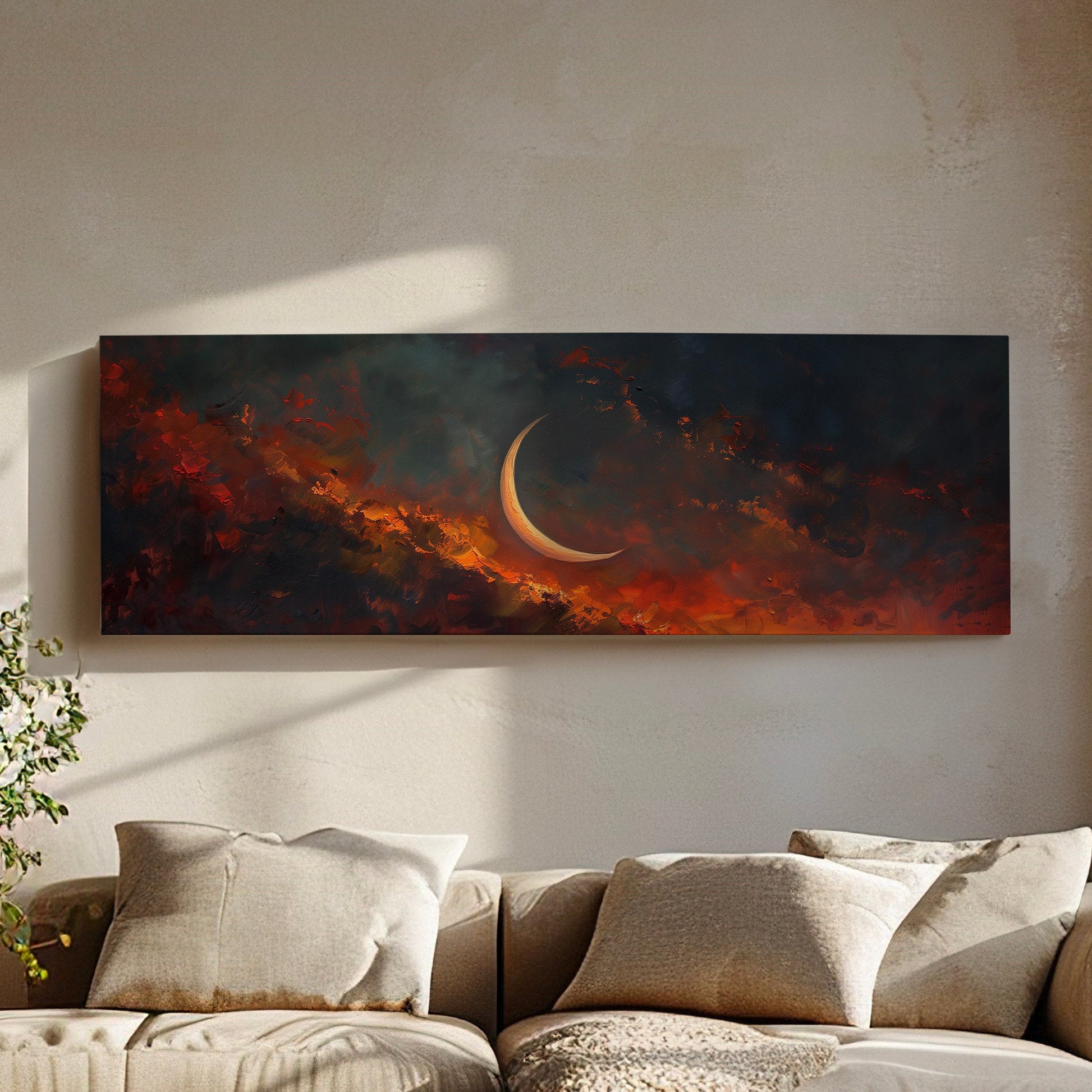 Crescent Moon Long Horizontal Wall Art Above Bed, Panoramic Fire Red Sky Canvas Print, Moody Cloud Decor Canvas Art