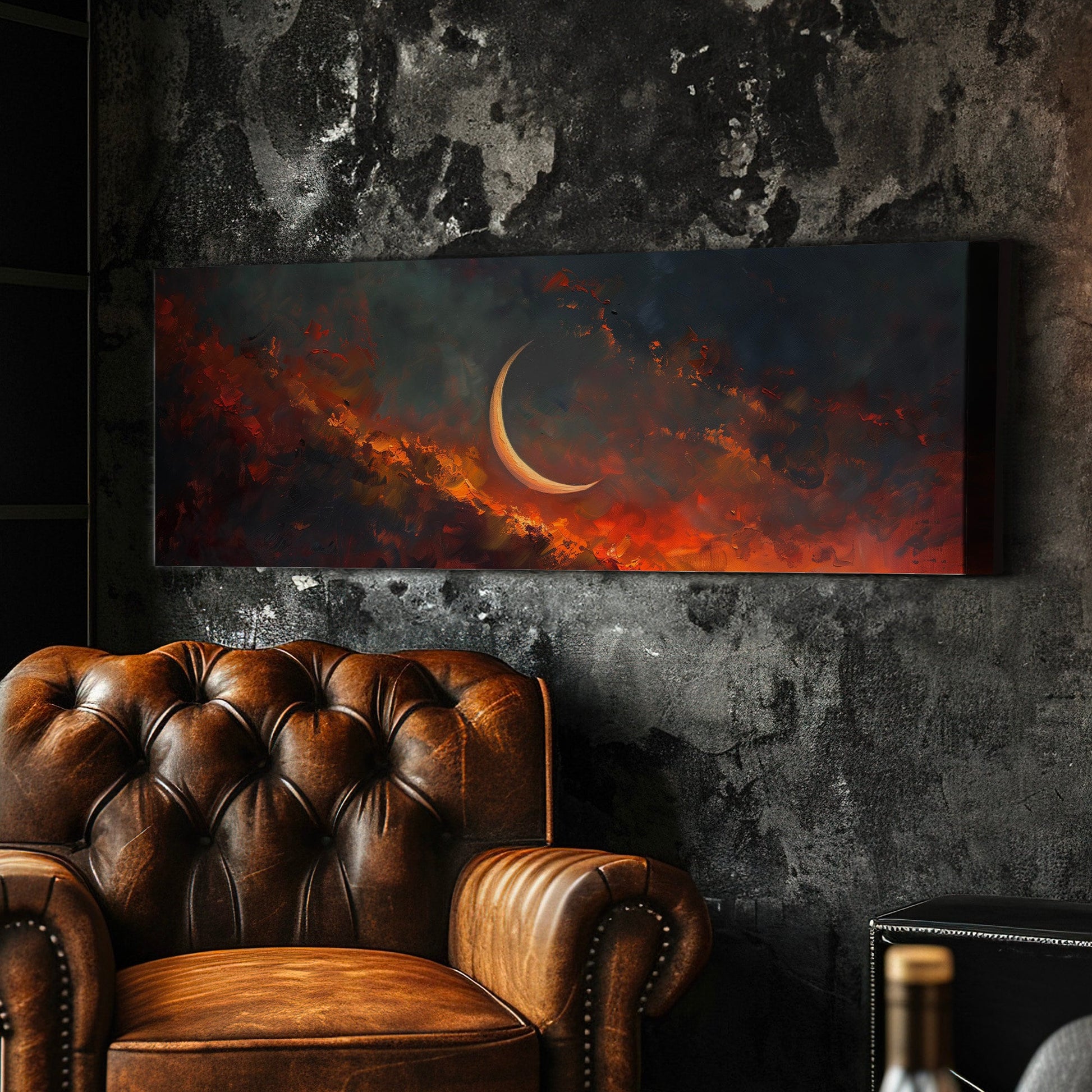 Crescent Moon Long Horizontal Wall Art Above Bed, Panoramic Fire Red Sky Canvas Print, Moody Cloud Decor Canvas Art