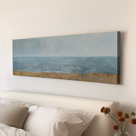 Coastal Seascape Long Horizontal Wall Art For Living Room, Panoramic Sandy Beach Sunset Canvas Print, Nautical Decor Canvas Art