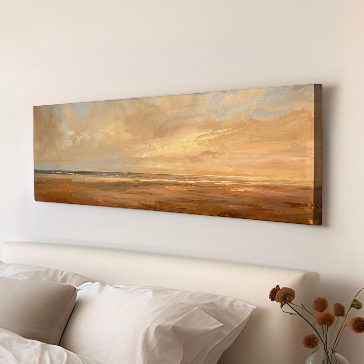 Coastal Seascape Long Horizontal Wall Art Above Bed, Panoramic Beach Sunset Canvas Print, Nautical Decor Canvas Art