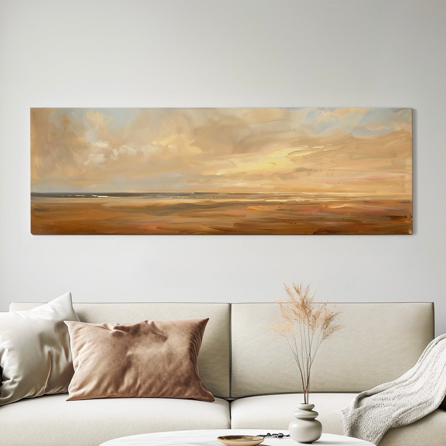 Coastal Seascape Long Horizontal Wall Art Above Bed, Panoramic Beach Sunset Canvas Print, Nautical Decor Canvas Art