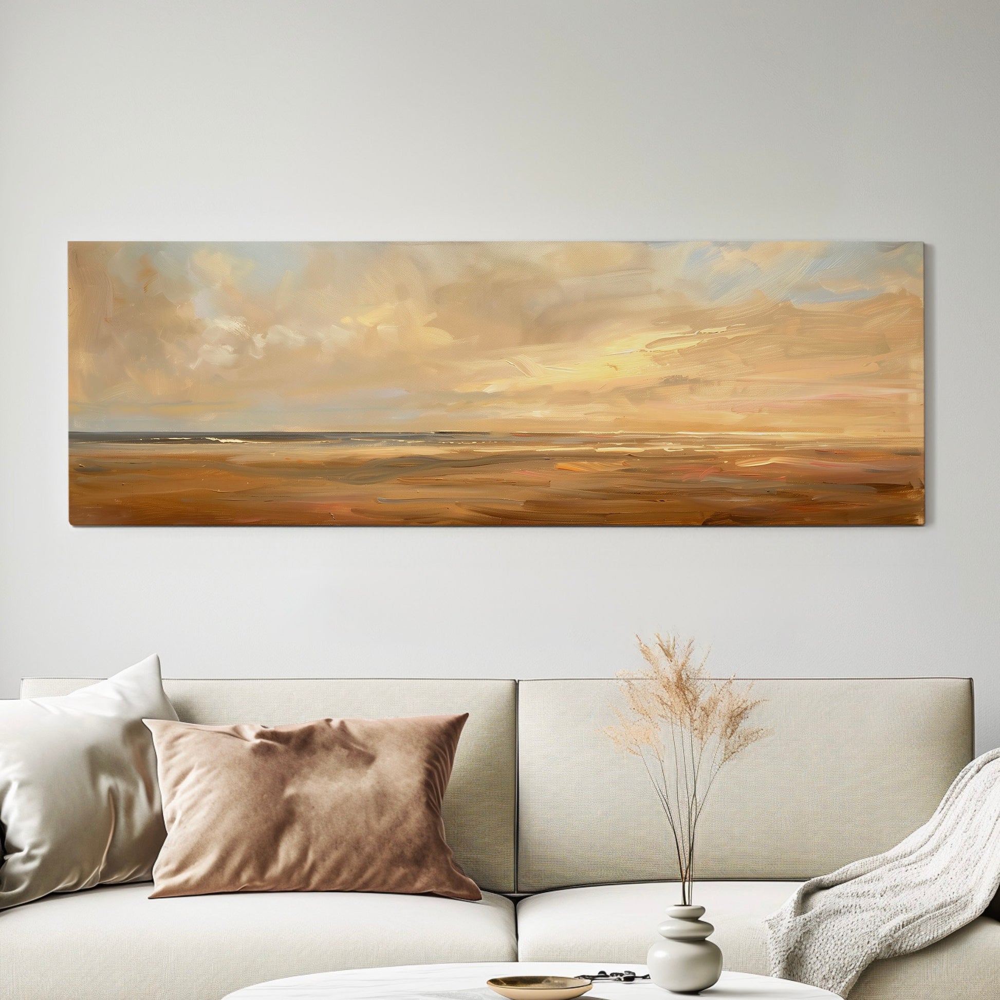 Coastal Seascape Long Horizontal Wall Art Above Bed, Panoramic Beach Sunset Canvas Print, Nautical Decor Canvas Art