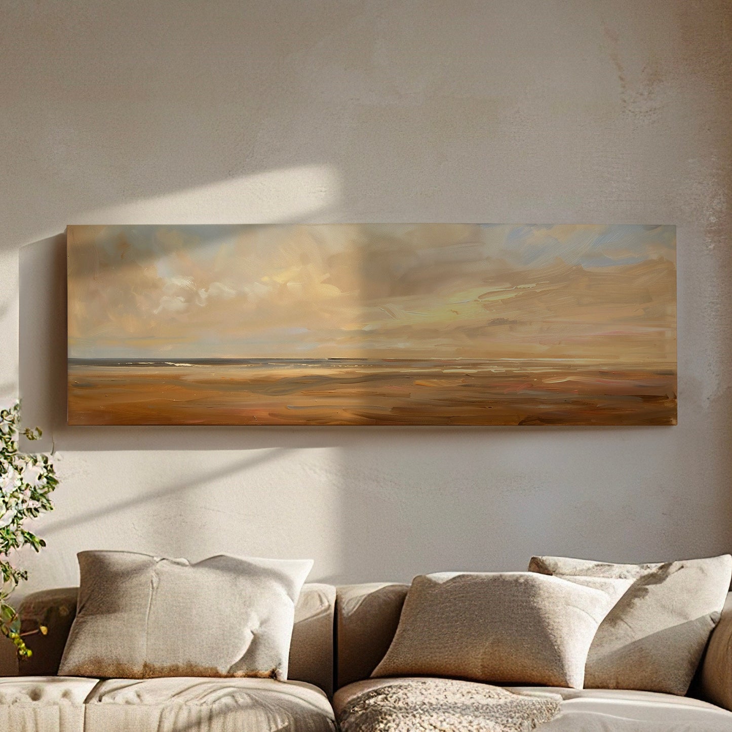 Coastal Seascape Long Horizontal Wall Art Above Bed, Panoramic Beach Sunset Canvas Print, Nautical Decor Canvas Art