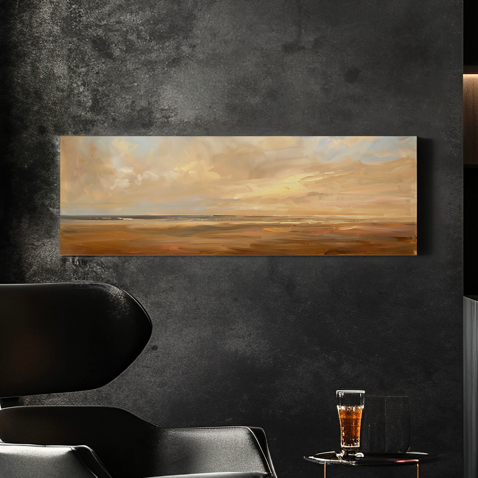 Coastal Seascape Long Horizontal Wall Art Above Bed, Panoramic Beach Sunset Canvas Print, Nautical Decor Canvas Art