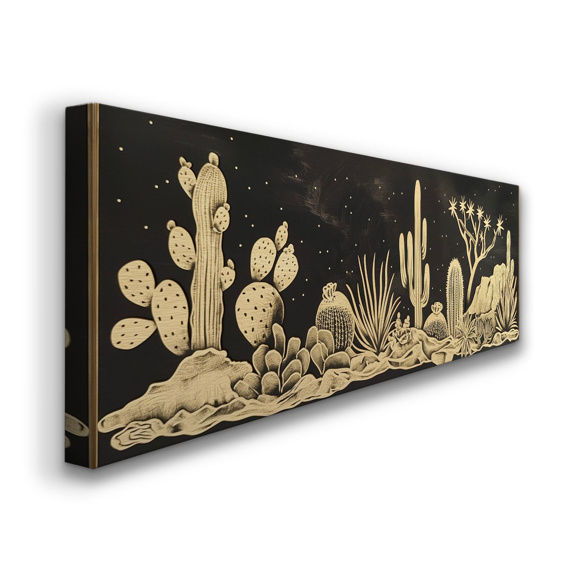 Cactus In the Desert Long Horizontal Wall Art For Guest Room, Panoramic Gold and Black Canvas Print, Southwestern Decor Canvas Art