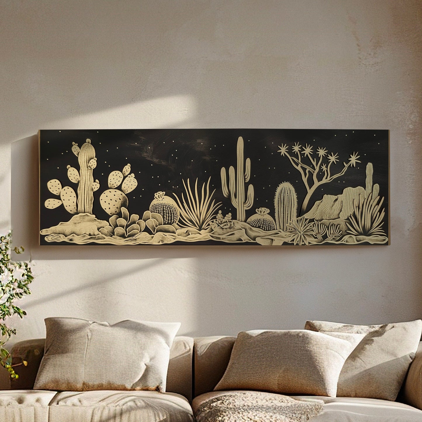 Cactus In the Desert Long Horizontal Wall Art For Guest Room, Panoramic Gold and Black Canvas Print, Southwestern Decor Canvas Art
