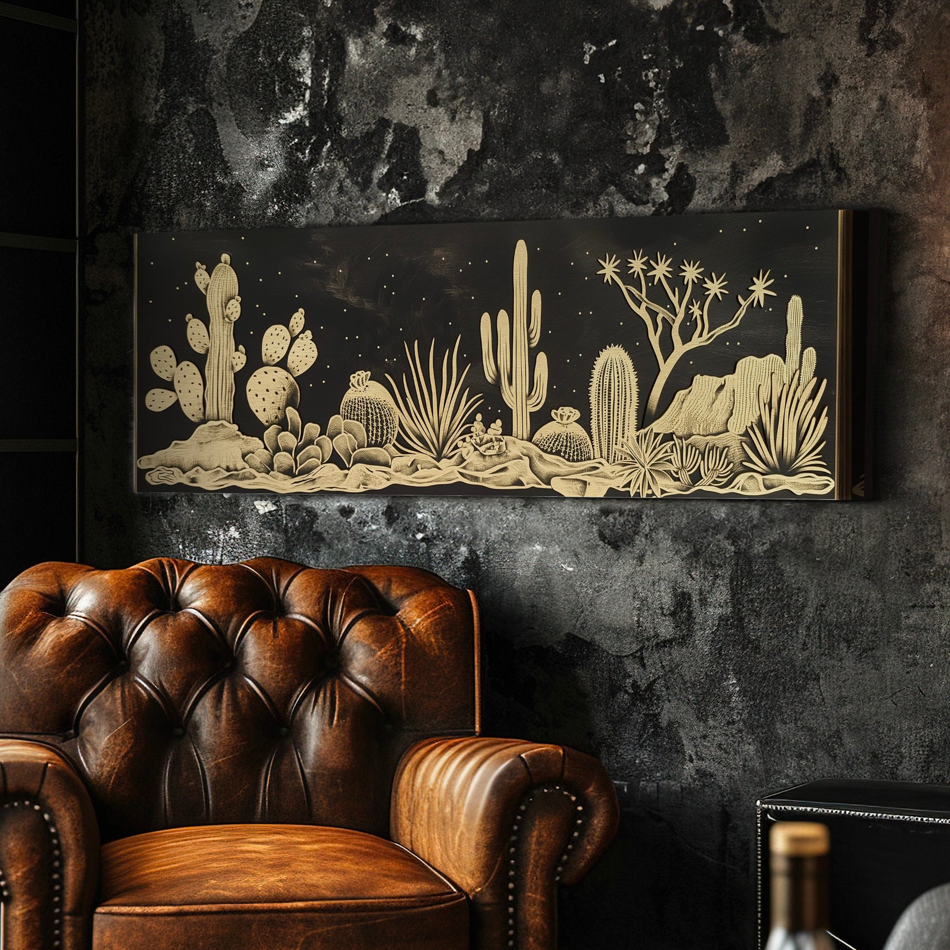 Cactus In the Desert Long Horizontal Wall Art For Guest Room, Panoramic Gold and Black Canvas Print, Southwestern Decor Canvas Art